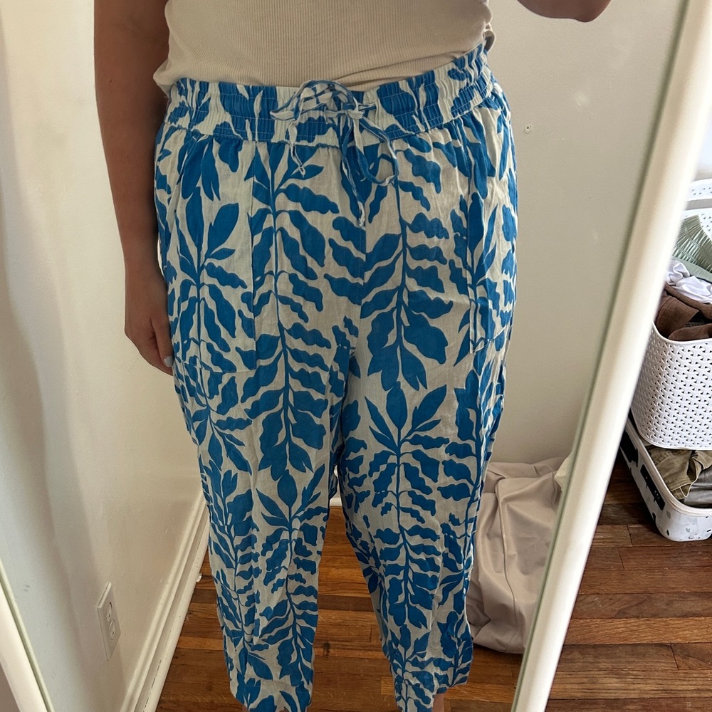 Rachel Zoe Linen Blue Leaf Print Casual Bottoms